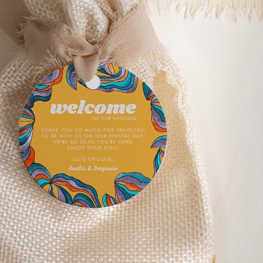 Groovy Boho Retro Gele Monogram Golf Wedding Bedankjes Labels