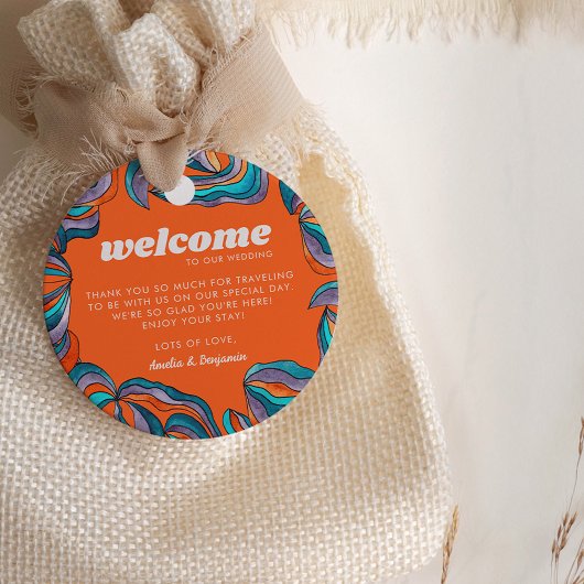 Groovy Boho Retro Oranje Golf Monogram Huwelijk Bedankjes Labels