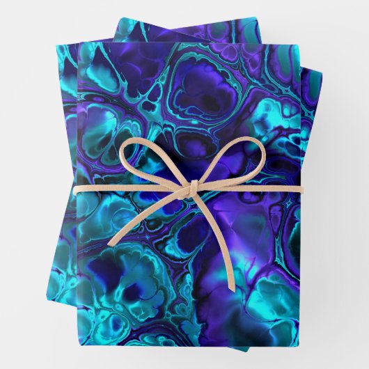 Groovy Boho Vibrant Blauw Monochroom Fractal Marme Inpakpapier Vel (In situ)