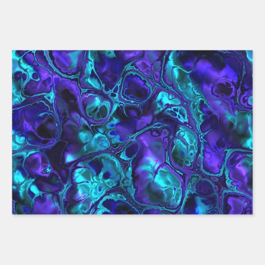 Groovy Boho Vibrant Blauw Monochroom Fractal Marme Inpakpapier Vel (Voorkant 3)