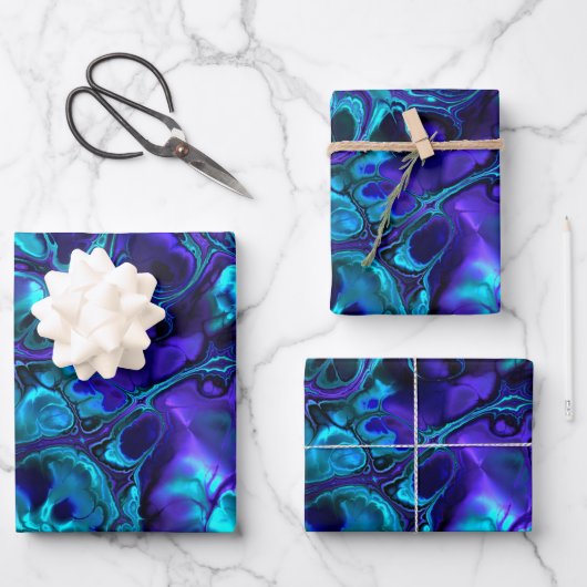 Groovy Boho Vibrant Blauw Monochroom Fractal Marme Inpakpapier Vel (Voorkant)