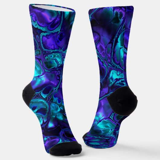 Groovy Boho Vibrant Blauw Monochroom Fractal Marme Sokken (Gebogen)
