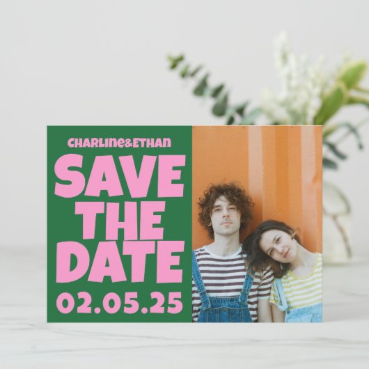 Groovy Bold Groen Roze Rood Funky Save The Date (Staand voorkant)