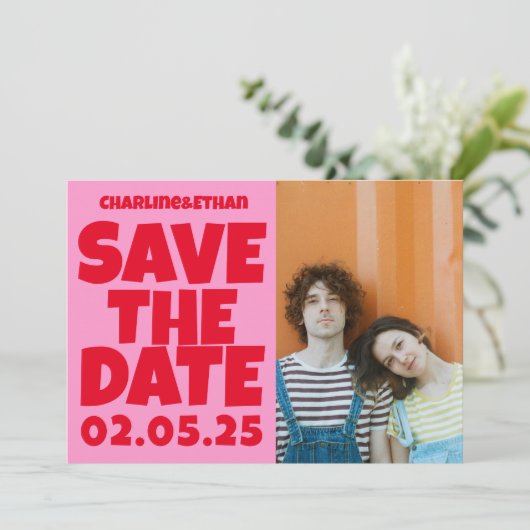 Groovy Bold Groen Roze Rood Funky Save The Date (Staand voorkant)