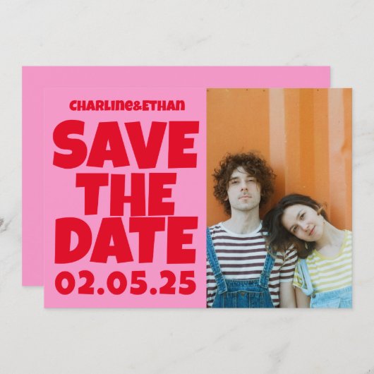 Groovy Bold Groen Roze Rood Funky Save The Date (Voorkant / Achterkant)