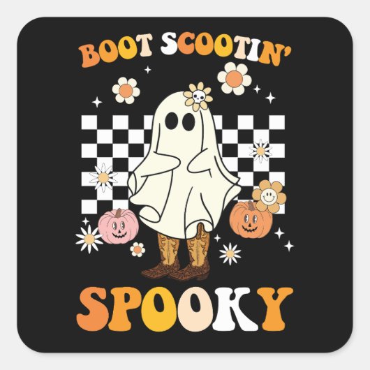 Groovy Boot Scootin Spooky Ghost Halloween Retro Vierkante Sticker (Voorkant)