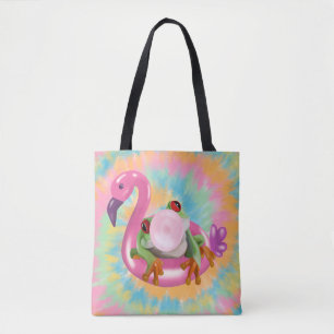 Groovy Bubblegum Blowing Tree Frog Tie Dye Tote Bag