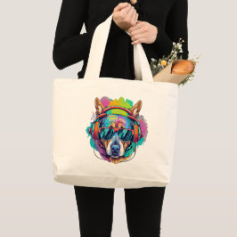 Groovy Canine Vibes: Cool Dog met Hoofdtelefoon Grote Tote Bag