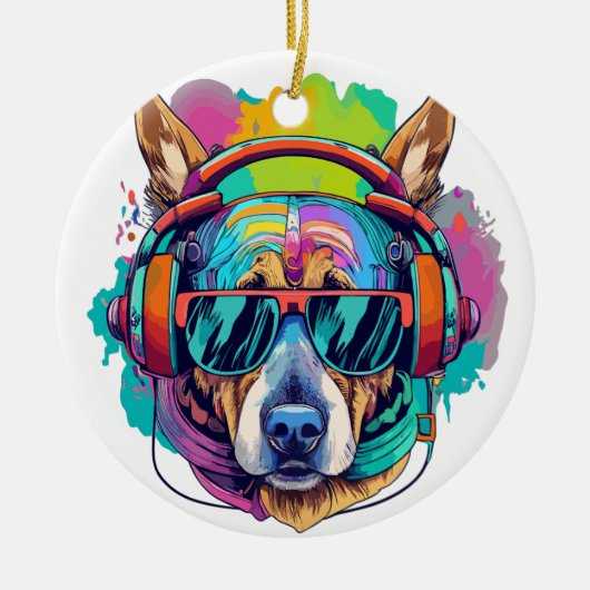 Groovy Canine Vibes: Cool Dog met Hoofdtelefoon Keramisch Ornament (Voorkant)