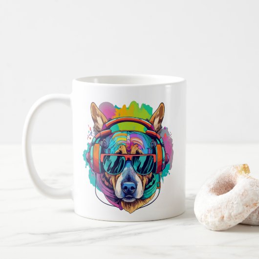 Groovy Canine Vibes: Cool Dog met Hoofdtelefoon Koffiemok (Met donut)