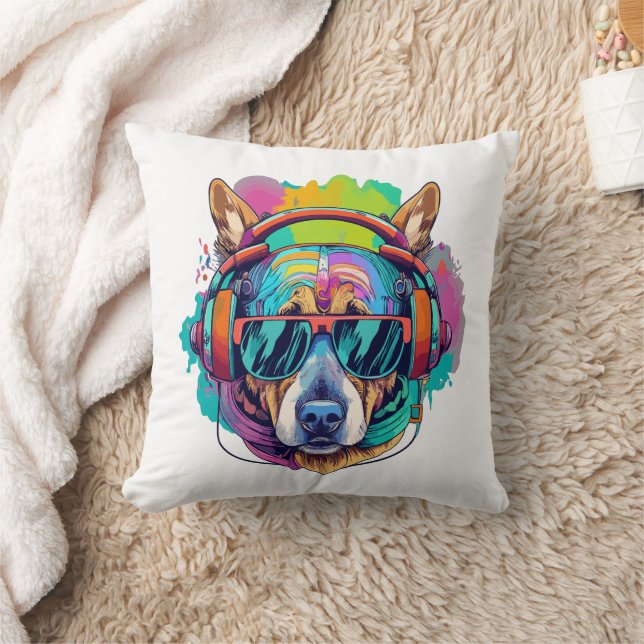 Groovy Canine Vibes: Cool Dog met Hoofdtelefoon Kussen (Deken)