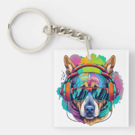 Groovy Canine Vibes: Cool Dog met Hoofdtelefoon Sleutelhanger