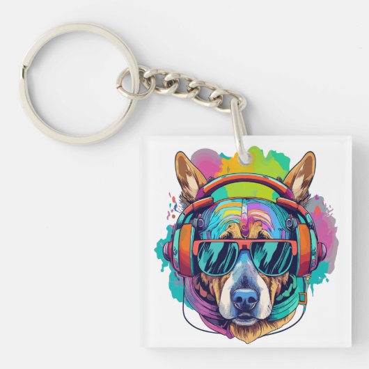Groovy Canine Vibes: Cool Dog met Hoofdtelefoon Sleutelhanger (voorkant)