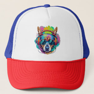 Groovy Canine Vibes: Cool Dog met Hoofdtelefoon Trucker Pet