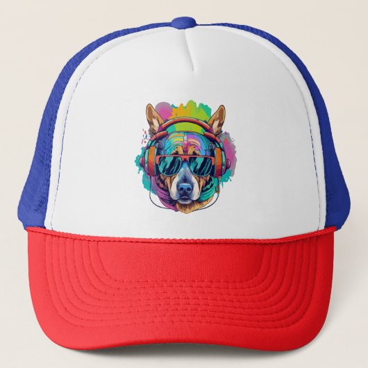 Groovy Canine Vibes: Cool Dog met Hoofdtelefoon Trucker Pet (Voorkant)