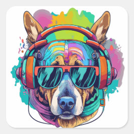 Groovy Canine Vibes: Cool Dog met Hoofdtelefoon Vierkante Sticker