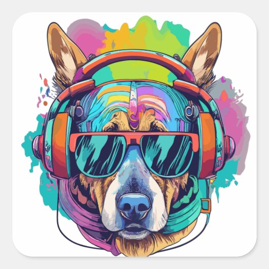 Groovy Canine Vibes: Cool Dog met Hoofdtelefoon Vierkante Sticker (Voorkant)