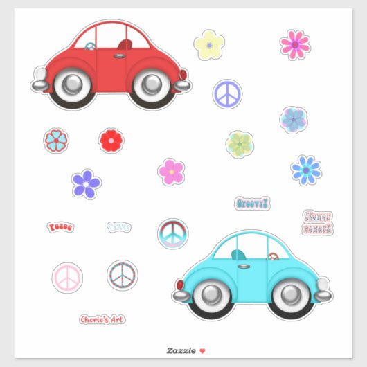 Groovy Cars Vrede Liefde en Bloemen Sticker (Vel)