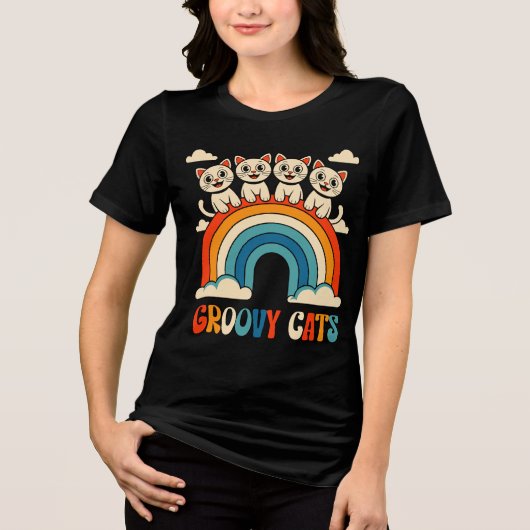Groovy Cats Retro Rainbow Design Tri-Blend Shirt (Voorkant)