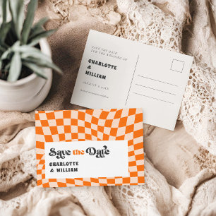 Groovy Checkered Retro Wedding Sla de datum op Briefkaart