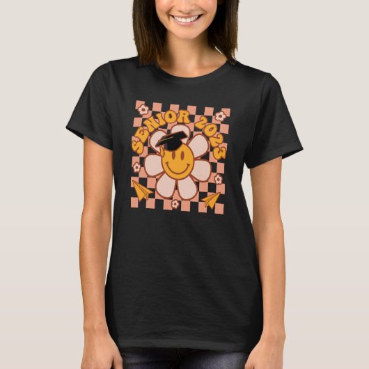 Groovy Checkered Senior 2023 Retro Flower Afstuder T-shirt (Voorkant)
