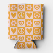 Groovy Chessboard Flower Heart Peace Oranje kleur Blikjeskoeler (Voorkant)