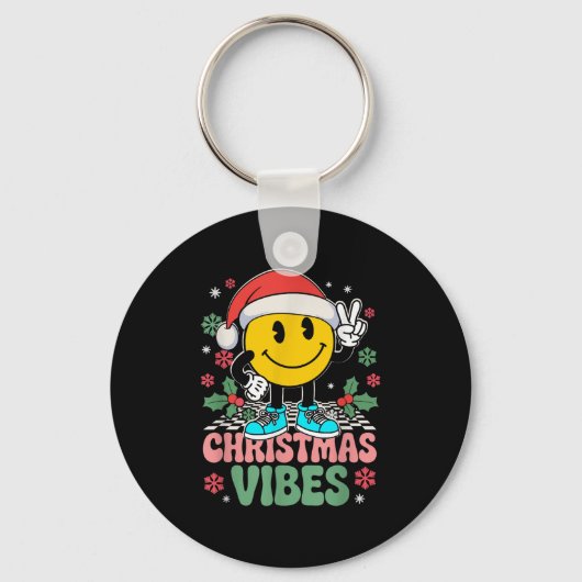 Groovy Christmas Vibes Smile Dearing Santa Hat Xma Sleutelhanger (Voorkant)