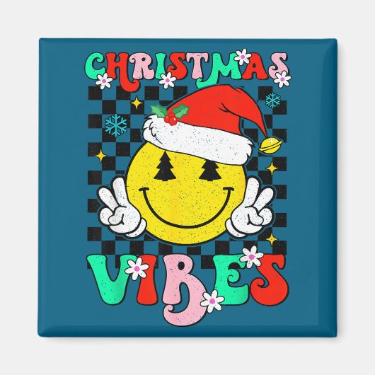 Groovy Christmas Vibes Smile Face Santa Hat Xmas T Magneet (Voorkant)