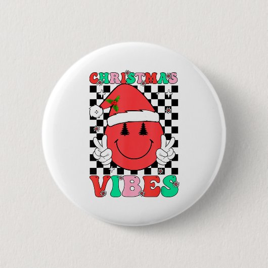 Groovy Christmas Vibes Smile Face Santa Hat Xmas T Ronde Button 5,7 Cm (Voorkant)