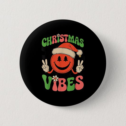 Groovy Christmas Vibes Smile Face Santa Hat Xmas T Ronde Button 5,7 Cm (Voorkant)
