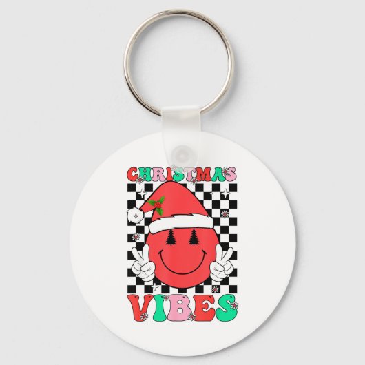 Groovy Christmas Vibes Smile Face Santa Hat Xmas T Sleutelhanger (Voorkant)