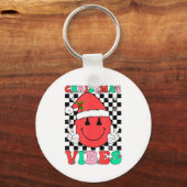 Groovy Christmas Vibes Smile Face Santa Hat Xmas T Sleutelhanger (Voorkant)