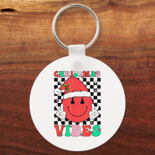 Groovy Christmas Vibes Smile Face Santa Hat Xmas T Sleutelhanger (Voorkant)