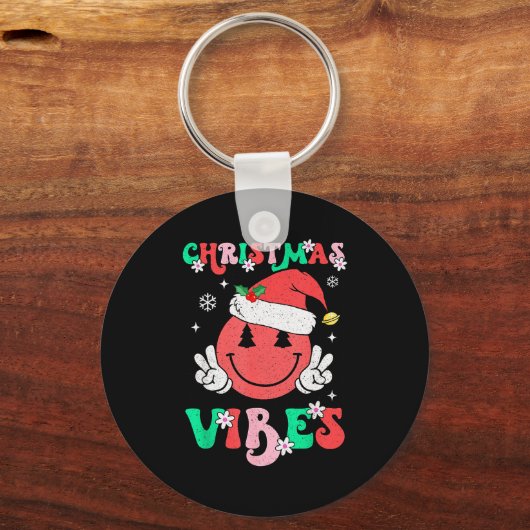 Groovy Christmas Vibes Smile Face Santa Hat Xmas T Sleutelhanger (Voorkant)