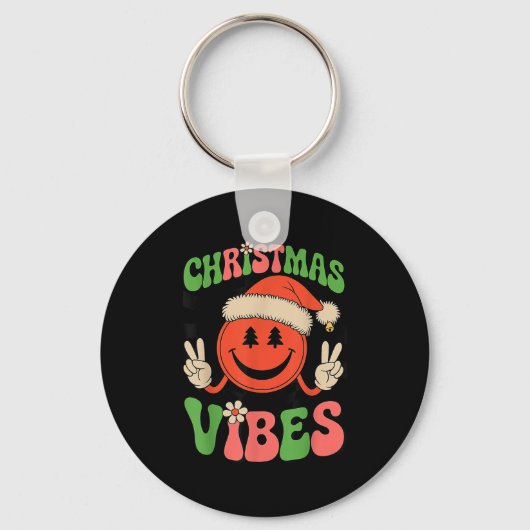 Groovy Christmas Vibes Smile Face Santa Hat Xmas T Sleutelhanger (Voorkant)