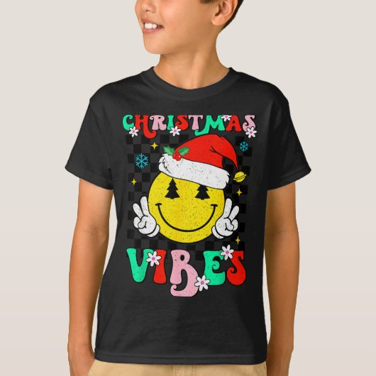 Groovy Christmas Vibes Smile Face Santa Hat Xmas T T-shirt (Voorkant)