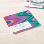 Groovy Colorful Green Paars Retro Wedding Custom Kartonnen Onderzetters<br><div class="desc">Groovy Kleurrijke Groene Paarse Retro Bruiloft Aangepaste Vierkante Papier Onderzetter</div>
