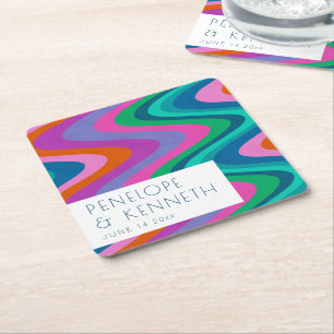 Groovy Colorful Green Paars Retro Wedding Custom Kartonnen Onderzetters