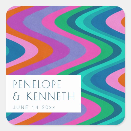Groovy Colorful Green Paars Retro Wedding Custom Vierkante Sticker (Voorkant)