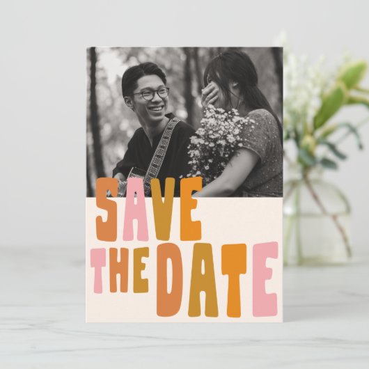 Groovy Colorful Unique Verloving Foto Save The Date (Staand voorkant)