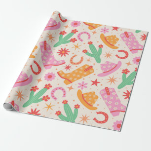 Groovy Cowgirl Laarzen en Hoeden Patroon met Cactu Cadeaupapier