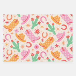 Groovy Cowgirl Laarzen en Hoeden Patroon met Cactu Inpakpapier Vel