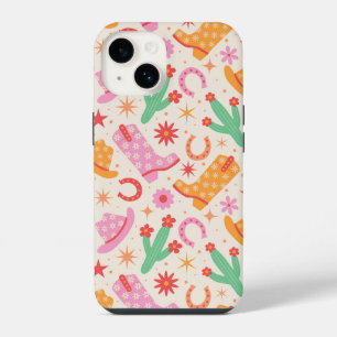 Groovy Cowgirl Laarzen en Hoeden Patroon met Cactu iPhone 14 Hoesje