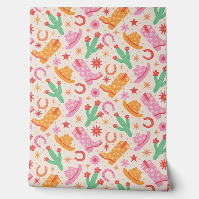 Groovy Cowgirl Laarzen en Petten Patroon met Cactu Behang (Afrollen)