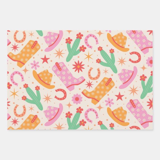 Groovy Cowgirl Laarzen en Petten Patroon met Cactu Inpakpapier Vel (Voorkant 3)