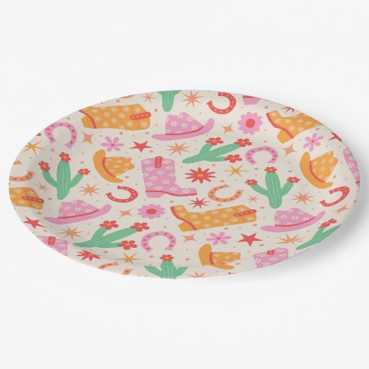 Groovy Cowgirl Laarzen en Petten Patroon met Cactu Papieren Bordje (Gekanteld)