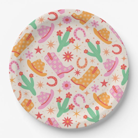 Groovy Cowgirl Laarzen en Petten Patroon met Cactu Papieren Bordje (Voorkant)