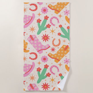 Groovy Cowgirl Laarzen en Petten Patroon met Cactu Strandlaken