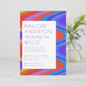 Groovy Curvy Lines Unique Retro Blue Red Weddensch Kaart (Staand voorkant)