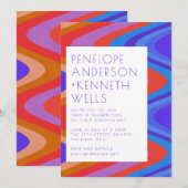 Groovy Curvy Lines Unique Retro Blue Red Weddensch Kaart (Voorkant / Achterkant)